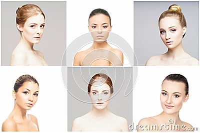 Beautiful, pure and healthy female faces. Portraits of young and pretty women in collage. Skin lifting, skincare Stock Photo