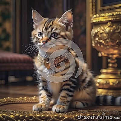 A beautiful purebred kitten in a richly decorated ancient royal interior Stock Photo