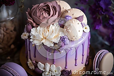 Beautiful purple cake decoraited of fresh flowers, macaroons and meringue. Stock Photo