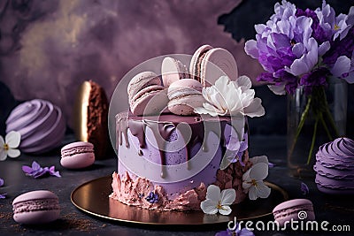 Beautiful purple cake decoraited of fresh flowers, macaroons and meringue. Stock Photo