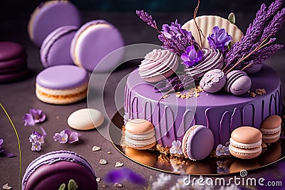 Beautiful purple cake decorate of fresh flowers, macaroons and meringue, AI generated Stock Photo