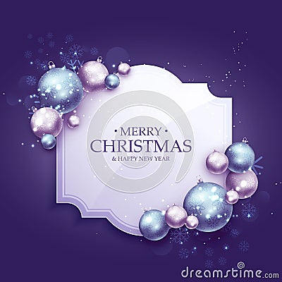 beautiful purple christmas greeting background with realistic xmas balls Vector Illustration