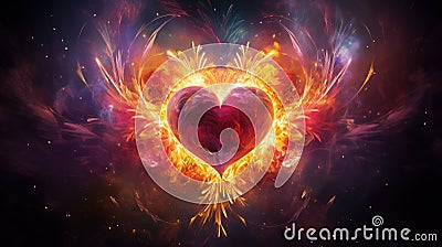 Beautiful purple heart surrounded by fire and light. Symbol of love, abstract painting. Generative AI Stock Photo