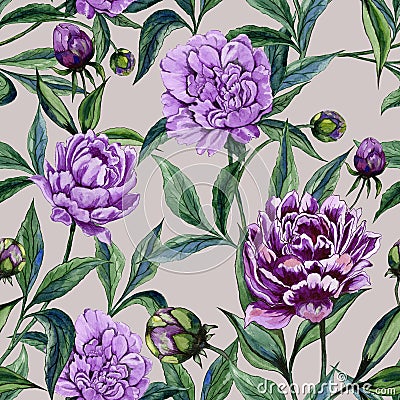 Beautiful purple peony flowers with green leaves on beige background. Seamless floral pattern. Watercolor painting. Cartoon Illustration