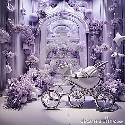 Purple silver whit Strollers baby designer store front inside lobby Generative AI Stock Photo