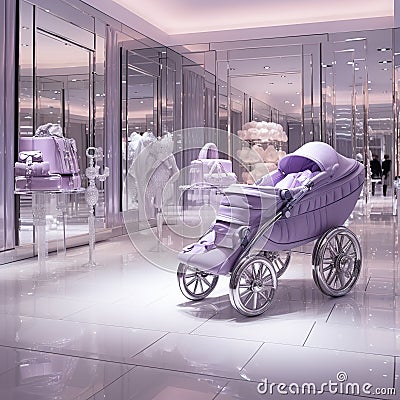 Purple silver whit Strollers baby designer store front inside lobby Generative AI Stock Photo