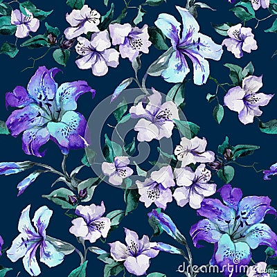 Beautiful purple tiger lilies on twigs on deep blue background. Seamless floral pattern. Watercolor painting. Cartoon Illustration