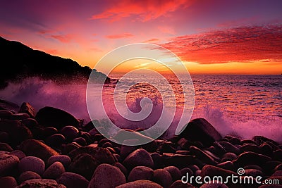 Purple tinted waves breaking on a rocky beach at sunset over Porth Nanven in the Cot Valley of Cornwall, England Stock Photo