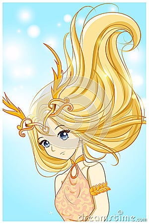 Beautiful queen with gold hair and gold horn crown design character cartoon illustration Vector Illustration