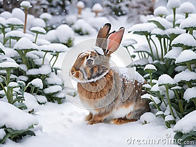 beautiful rabbit in the snow Stock Photo