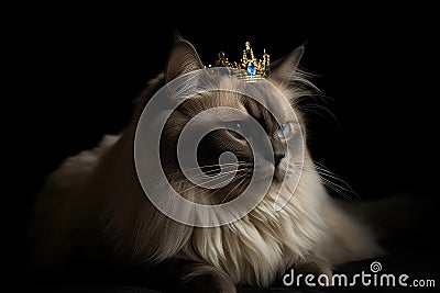 Beautiful Ragdoll Cat In Gold Crown On Matte Black Background. Generative AI Stock Photo