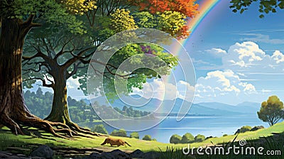 Beautiful Rainbow With Canopy Tree In Makoto Shinkai-inspired Cartoon Style Stock Photo