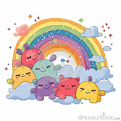 Beautiful rainbow and cartoon collection. Cute rainbows with cartoon characters. Beautiful rainbow and cloud cartoon design on Cartoon Illustration