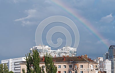 Beautiful rainbow on the city of Kiev, Ukraine. Stock Photo
