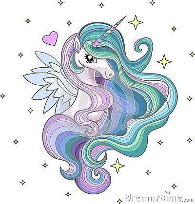 A beautiful rainbow unicorn with a long mane among the stars. Stock Photo