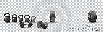 Beautiful realistic fitness vector of an olympic barbell, black iron dumbbels and a set of kettlebells on transparent background Vector Illustration