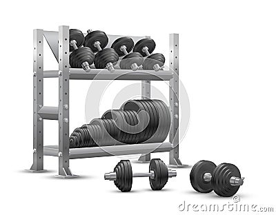 Realistic fitness vector on white background of a storage shelf full of black iron weight barbell plates and iron dumbbells Vector Illustration