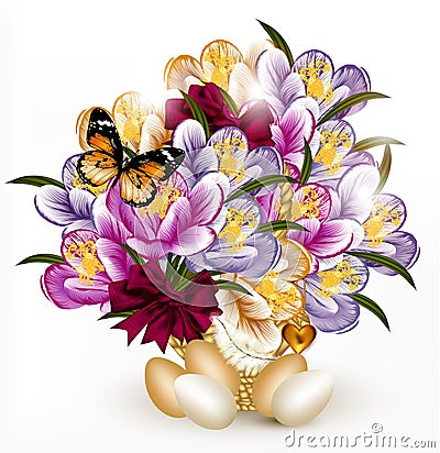 Beautiful realistic vector bouquet of flowers with eggs for east Stock Photo