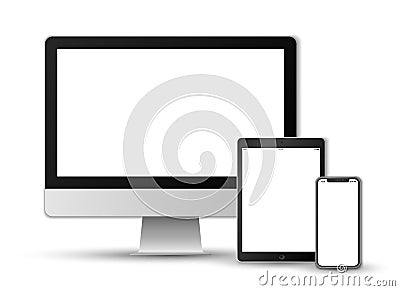 Realistic vector set on white background of a modern black colored smartphone, a tablet and a computer screen with white screens Vector Illustration