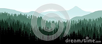 Beautiful realistic widescreen vector with dark green forested mountains Vector Illustration