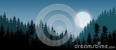 Beautiful realistic widescreen vector with dark green forested mountains and a rising moon Vector Illustration