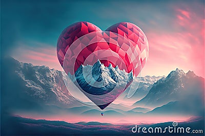 beautiful red air balloon heart shape with mountain view. Generative AI Stock Photo