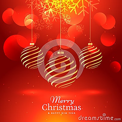 Beautiful red background with hanging golden christmas balls Vector Illustration
