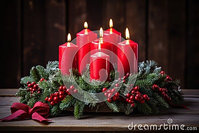 Beautiful red Christmas candles illuminate advent wreath with vibrant berries and festive ribbon Stock Photo