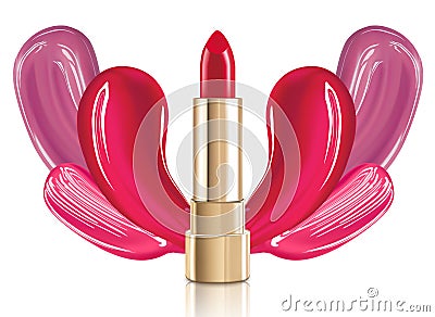 Beautiful red cosmetic lipstick with lid in gold and red liquid foundation smears on background. Isolated on white. Vector Illustration