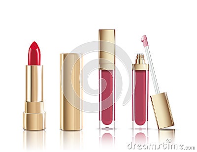 Beautiful red cosmetic lipstick and liquid lip gloss in gold. Makeup realistic cosmetic vector isolated on white. Vector Illustration