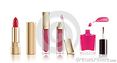 Beautiful red cosmetic lipstick, liquid lip gloss and nail polish set. Makeup realistic cosmetic vector isolated on Vector Illustration