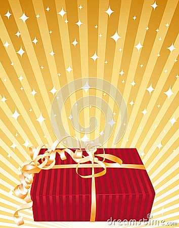 Beautiful red gift on a golden bright background. Vector Illustration