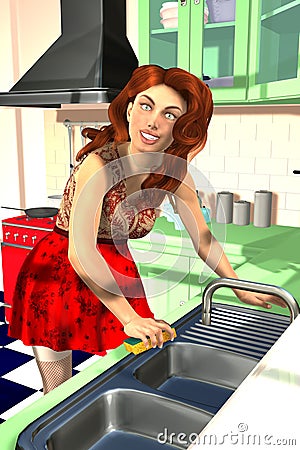 Beautiful red-haired girl cleans the kitchen Stock Photo
