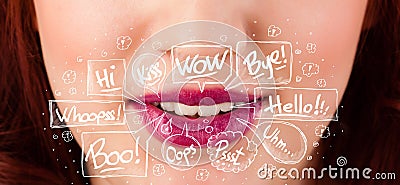 Beautiful red lips with white speech bubbles Stock Photo