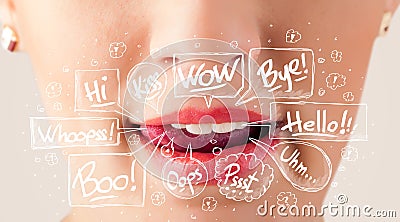 Beautiful red lips with white speech bubbles Stock Photo