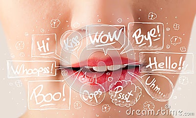 Beautiful red lips with white speech bubbles Stock Photo