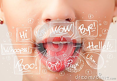 Beautiful red lips with white speech bubbles Stock Photo