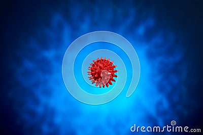 Beautiful red massage ball with spikes for stimulation and circulation, hangs in the air on the dark blue background. relaxation, Stock Photo
