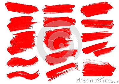 Beautiful set of red paint smear brushes for painting Stock Photo