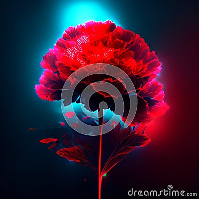 Beautiful red peony flower in neon light on dark background. Generative AI Stock Photo