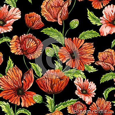 Beautiful red poppy flowers on green stems with leaves on black background. Seamless vivid floral pattern. Watercolor painting. Cartoon Illustration
