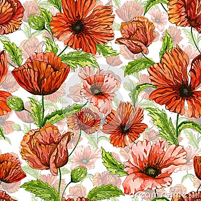 Beautiful red poppy flowers on green stems with leaves on light background. Seamless floral pattern. Watercolor painting Cartoon Illustration