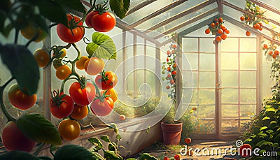 Beautiful red ripe tomatoes grown in a greenhouse. Beautiful background Stock Photo