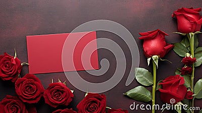 Beautiful red rose flower bouquet and blank note paper on dark background, congratulations and anniversary concept, Valentine s Stock Photo