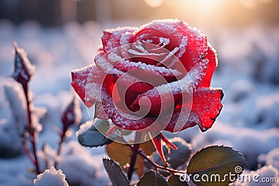 A beautiful red rose in the snow on a frosty day Stock Photo