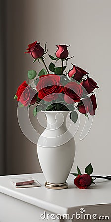 Red roses vase on white table light background Stock Photo