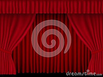 Beautiful red theatre folded curtain drapes on black background Vector Illustration