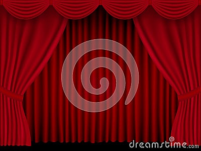 Beautiful red theatre folded curtain drapes on black stage Vector Illustration