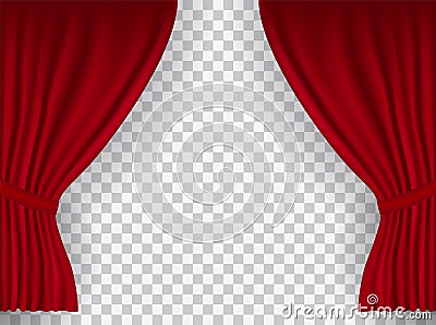 Beautiful red theatre folded curtain drapes on transparent background Vector Illustration