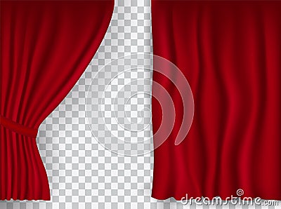 Beautiful red theatre folded curtain drapes on transparent background Vector Illustration